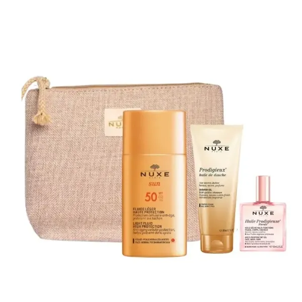NUXE TROUSSE FLUIDE LEGER SPF50+ 50ML+PRODIGIEUX HUILE DE DOUCHE 30ML (OFFERT)+HUILE PRODIGIEUSE FLORALE 10ML (OFFERT)