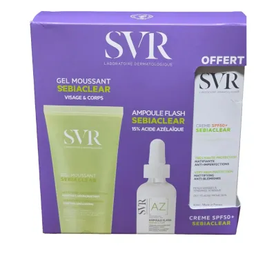 SVR COFFRET SEBIACLEAR GEL MOUSSANT 200ML+AMPOULE AZ FLASH ANTI IMPERFECTIONS 30ML+CREME SOLAIRE MATIFIANTE SPF50 40ML (OFFERT)