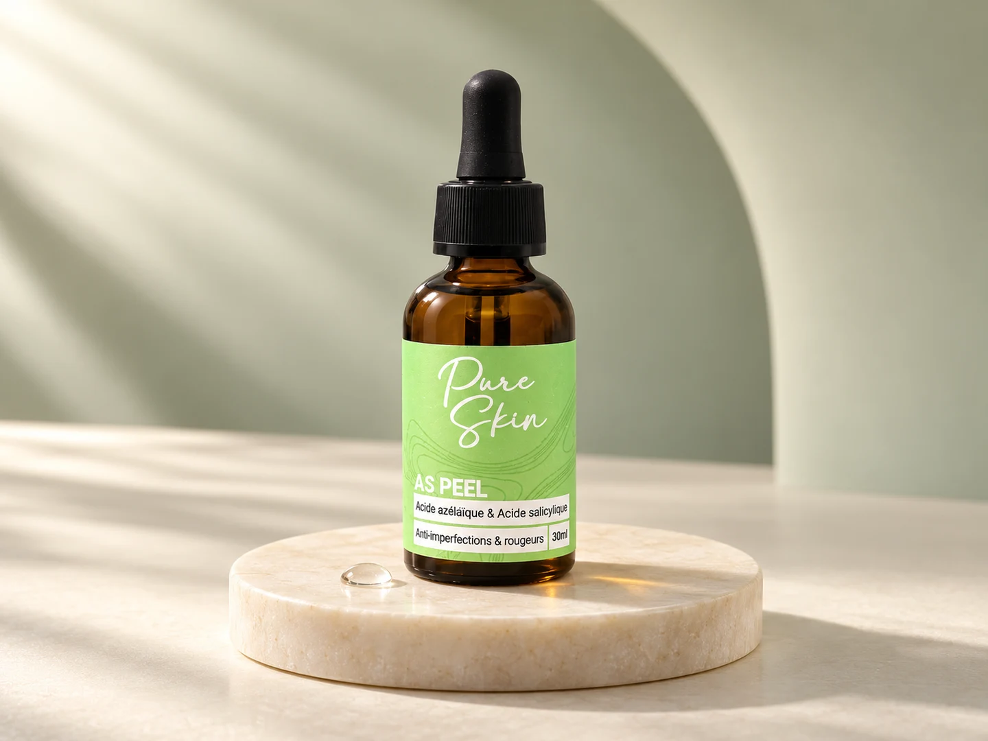 Flacon Pure Skin AS Peel 30 ml sur un socle en pierre, devant un fond sauge.