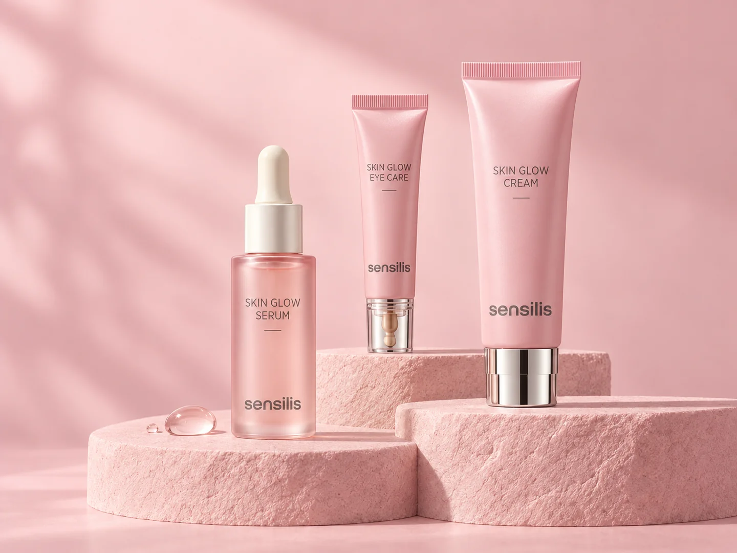 Trois soins Sensilis Skin Glow dans une composition rose poudré.