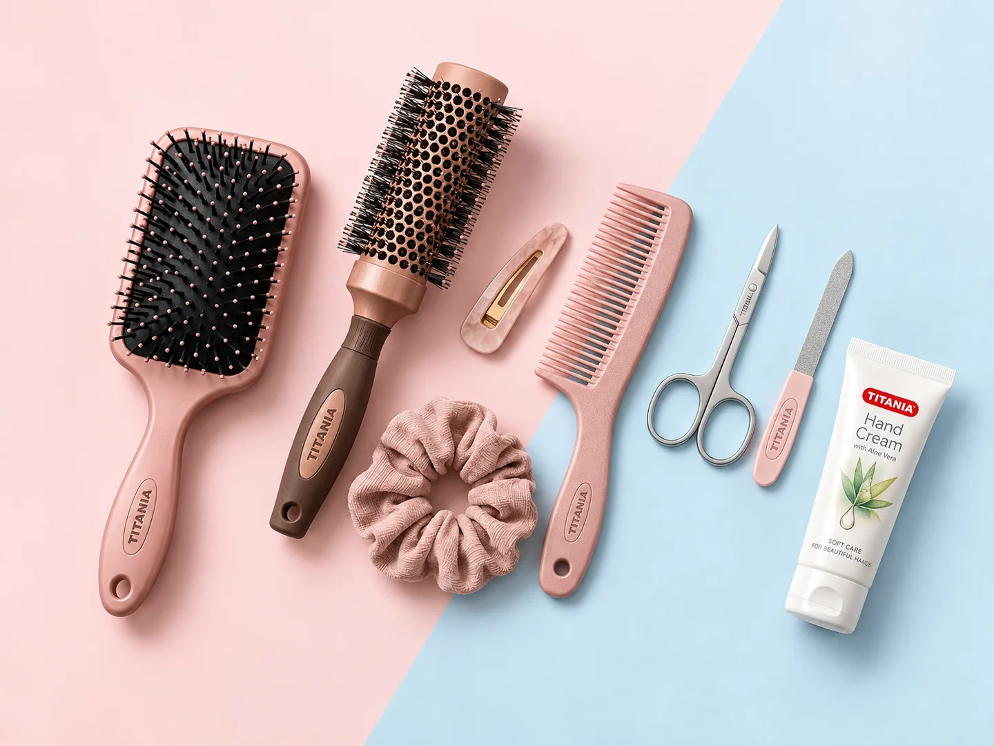 Brosses, peigne et accessoires de soin Titania sur des fonds rose et bleu.