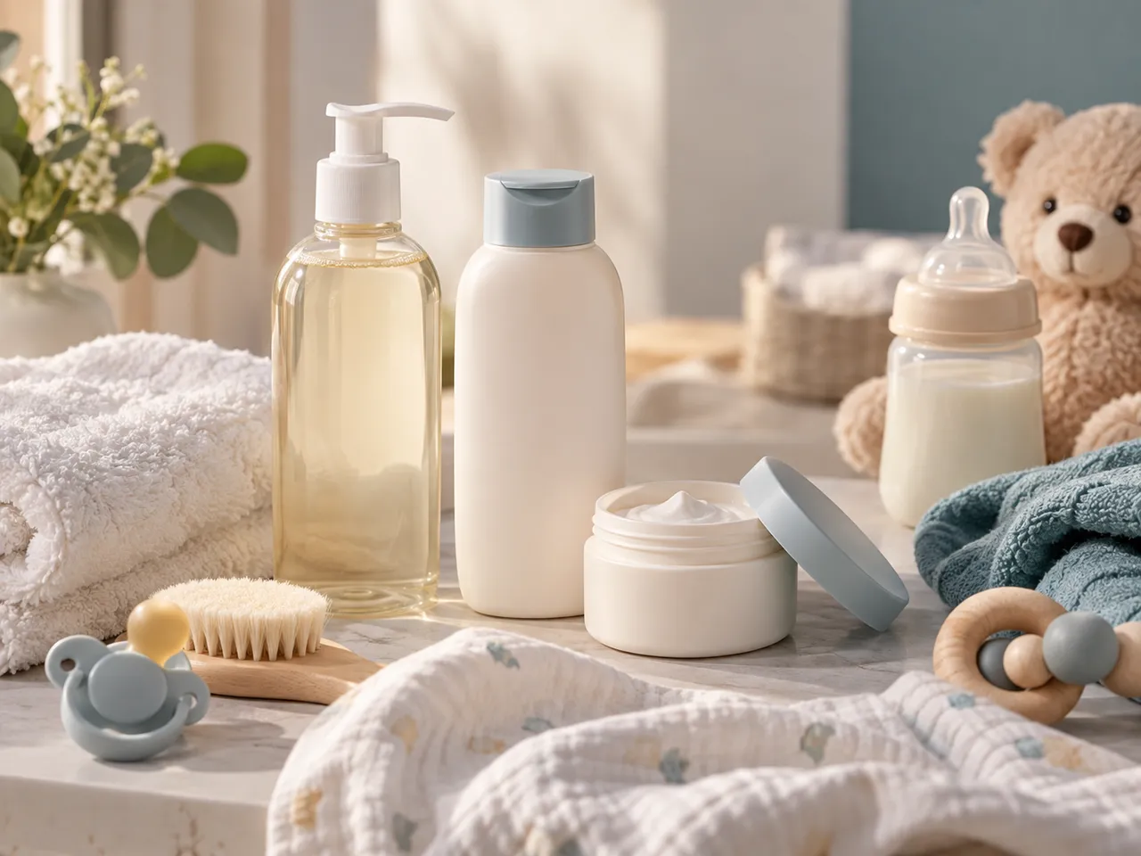 Soins doux pour bébé posés près d’une serviette en coton