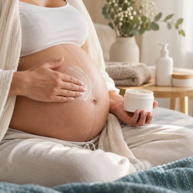 Future maman appliquant un soin sur son ventre