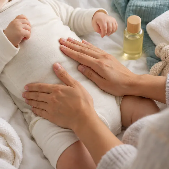 Parent massant doucement le ventre de son bébé
