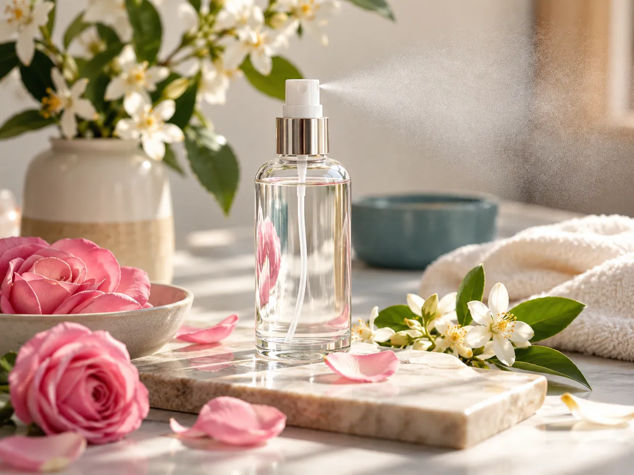 Vaporisateur en verre et pétales de fleurs