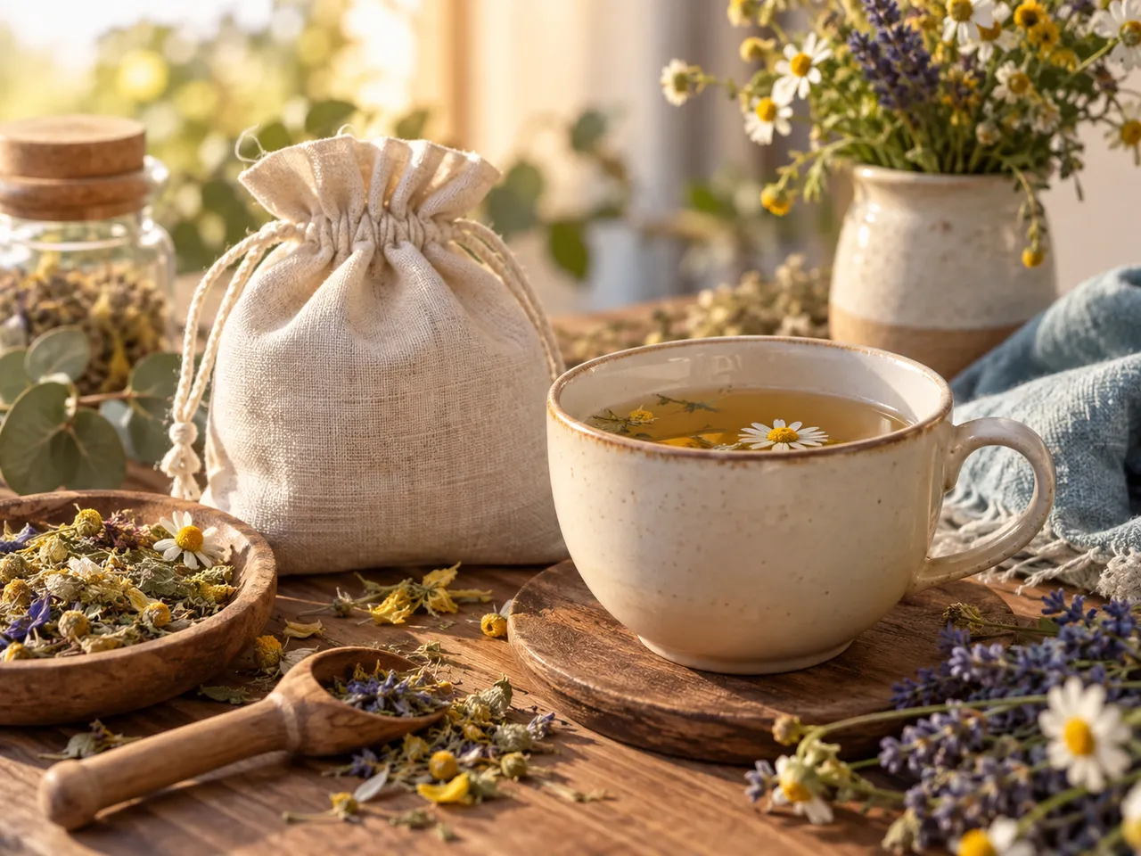 Tasse de tisane et plantes séchées
