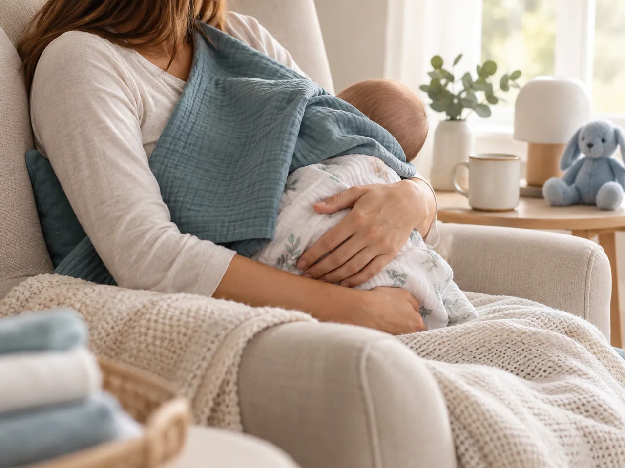 Jeune maman allaitant son bébé dans une lumière douce